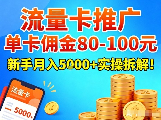 流量卡推广，单卡佣金80-100，新手月入5k+实操拆解！-大表哥网创