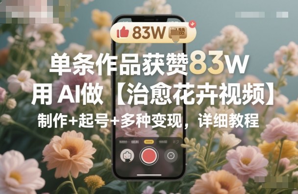 单条作品获赞83W，用AI做【治愈花卉视频】，制作+起号+多种变现，详细教程-大表哥网创