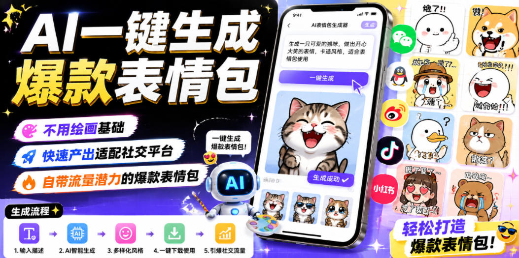 AI一键生成爆款表情包,不用绘画基础,快速产出适配社交平台,自带流量潜力的爆款表情包-大表哥网创