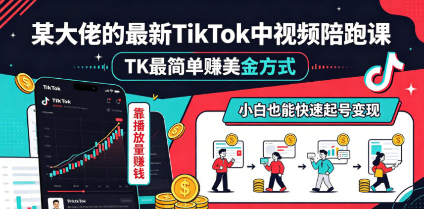 某大佬的最新TikTok中视频陪跑课,TK最简单賺美金方式,靠播放量賺钱,小白也能快速起号变现-大表哥网创