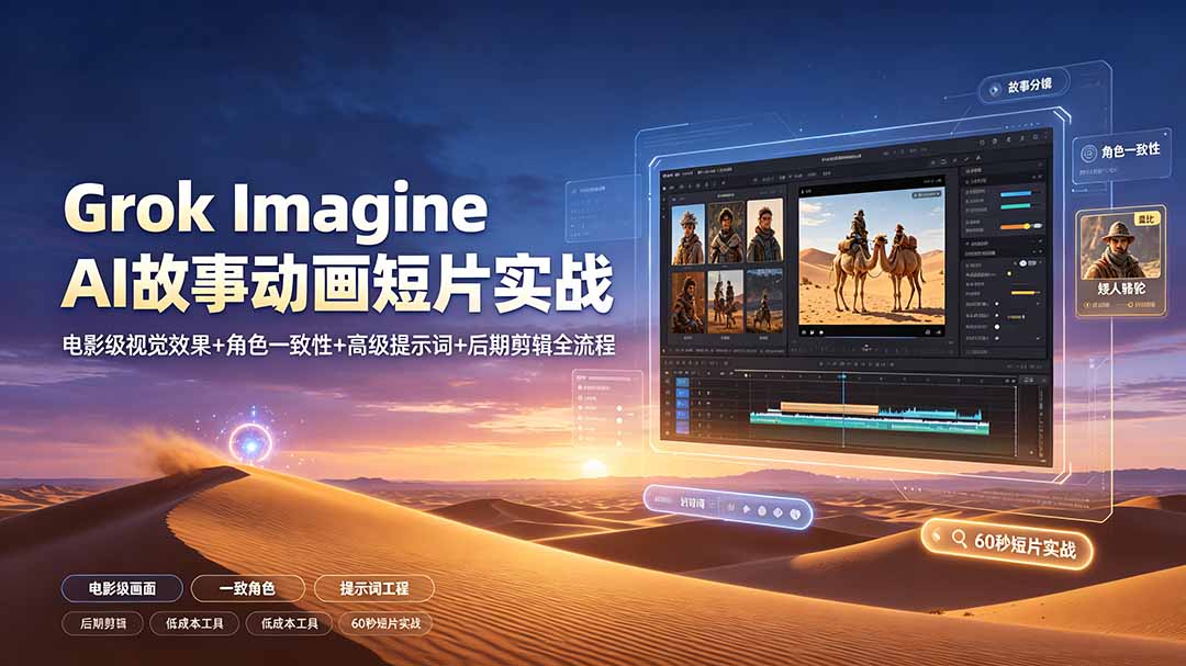 Grok Imagine AI故事动画短片实战：电影级视觉效果+角色一致性+高级提示词+后期剪辑全流程-大表哥网创