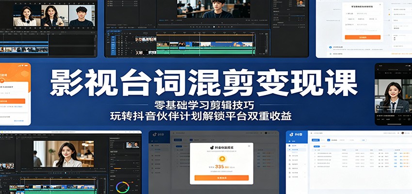 影视台词混剪变现课：零基础学习剪辑技巧，玩转抖音伙伴计划解锁平台双重收益-大表哥网创