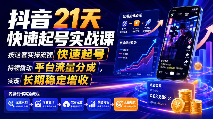 抖音21天快速起号实战课，按这套实操流程快速起号，持续撬动平台流量分成，实现长期稳定增收-大表哥网创