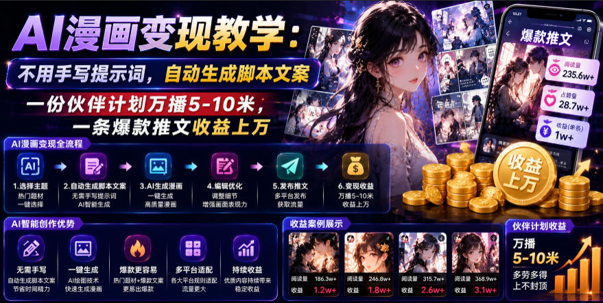 AI漫画变现教学:不用手写提示词,自动生成脚本文案,一份伙伴计划万播5-10米,一条爆款推文收益上W-大表哥网创