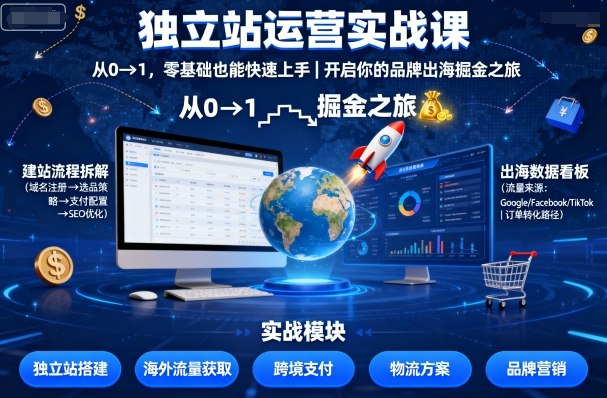 独立站运营实战课，从0到1，零基础也能快速上手，开启你的品牌出海掘金之旅-大表哥网创
