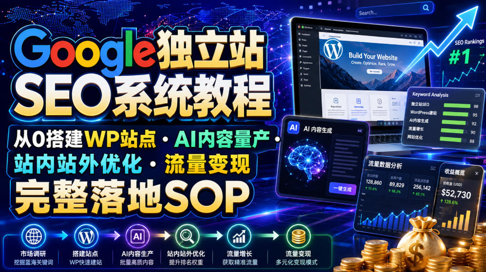 Google独立站SEO系统教程，从0搭建WP站点・AI内容量产・站内站外优化・流量变现完整落地SOP(2026年7月)-大表哥网创