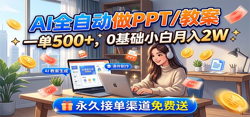 AI全自动做PPT/教案，一单500+，0基础小白月入2W，永久接单渠道免费送-大表哥网创