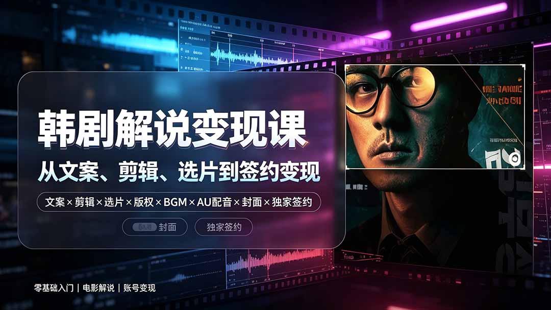 抖音270W粉丝博主亲授韩剧解说课：文案×剪辑×选片×版权×BGM×AU配音×封面×独家签约，零基础到变现-大表哥网创