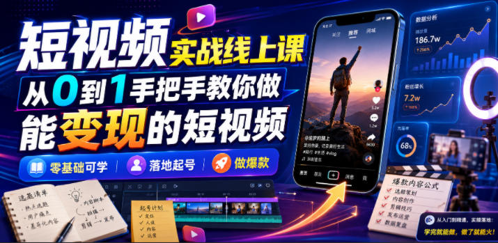 短视频实战线上课，从0到1手把手教你做能变现的短视频，零基础可学，落地起号做爆款-大表哥网创