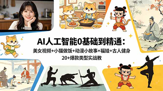 AI人工智能0基础到精通：美女视频+小猫做饭+动漫小故事+福娃+古人健身，20+爆款类型实战教学-大表哥网创
