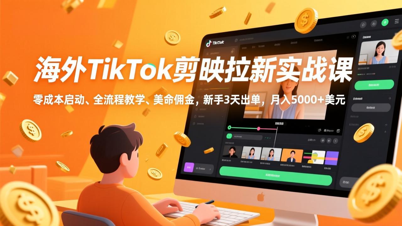 海外TikTok剪映拉新实战课，零成本启动、全流程教学、美金佣金，新手3天出单，月入5000+美元-大表哥网创