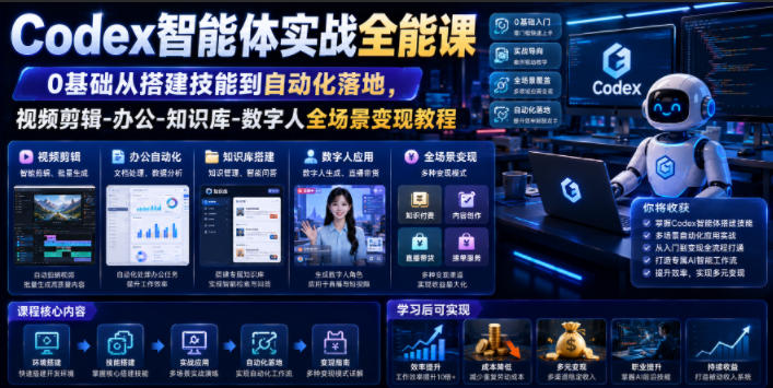 Codex智能体实战全能课｜0基础从搭建技能到自动化落地，视频剪辑-办公-知识库-数字人全场景变现教程-大表哥网创