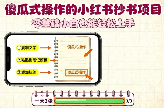 傻瓜式操作的小红书抄书项目，会复制粘贴就行，零基础小白也能一天3张-大表哥网创