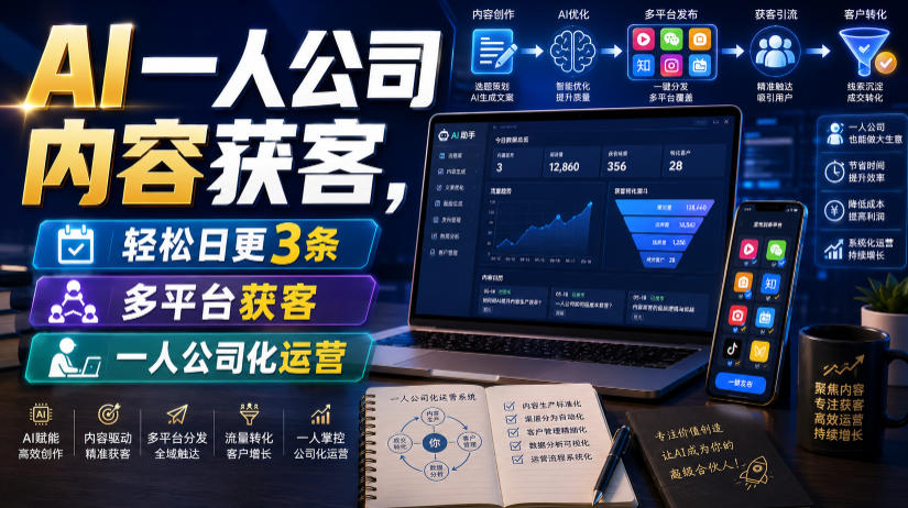 AI一人公司内容获客，轻松日更3条，多平台获客，一人公司化运营-大表哥网创