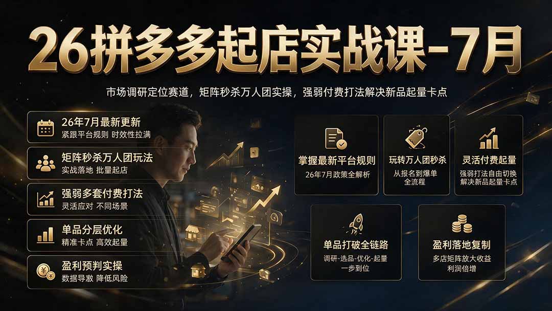 26拼多多起店实战课-7月｜市场调研定位赛道，矩阵秒杀万人团实操，强弱付费打法解决新品起量卡点-大表哥网创