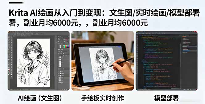 Krita AI绘画从入门到变现：文生图/实时绘画/模型部署，副业月均6000元-大表哥网创