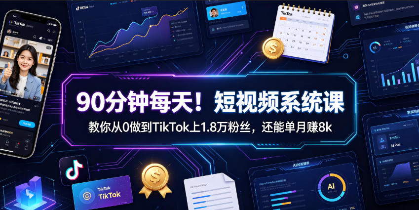 90分钟每天！短视频系统课教你从0做到TikTok上1.8万粉丝，还能单月賺8k【原创双语字幕】-大表哥网创