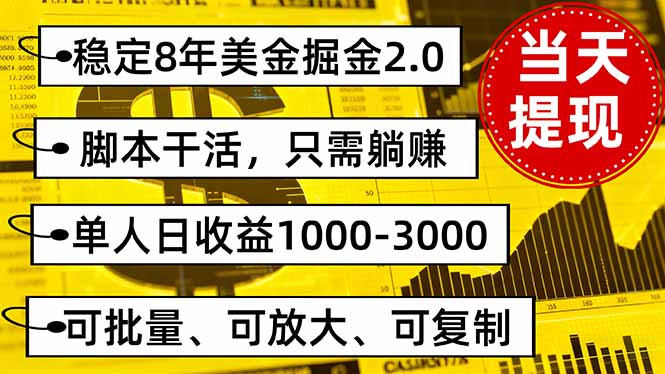 稳定8年美金掘金2.0脚本干活，只需躺赚。单人日收益1000-3000可批量、…-大表哥网创