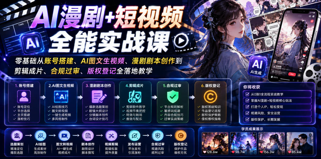 AI漫剧+短视频全能实战课｜零基础从账号搭建、AI图文生视频、漫剧剧本创作到剪辑成片、合规过审、版权登记全落地教学-大表哥网创