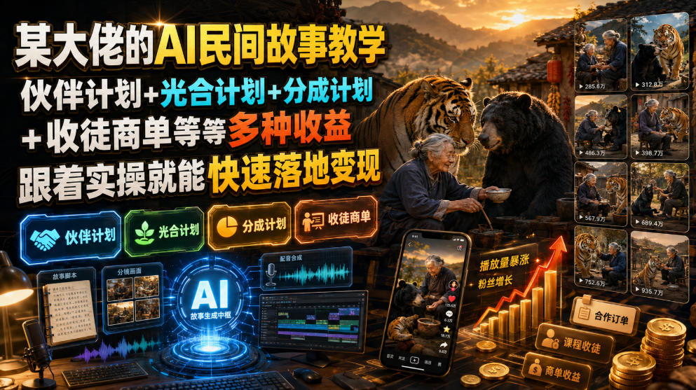 某大佬的AI民间故事教学，伙伴计划+光合计划+分成计划+收徒商单等多种收益，跟着实操就能快速落地变现-大表哥网创