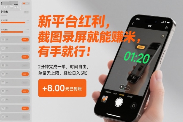 新平台红利，截图录屏就能賺米，有手就行！2分钟完成一单，时间自由，单量无上限，轻松日入5张【揭秘】-大表哥网创