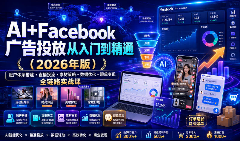 AI+Facebook广告投放从入门到精通(2026年版)｜账户体系搭建・直播投流・素材策略・数据优化・聊单变现全链路实战课-大表哥网创