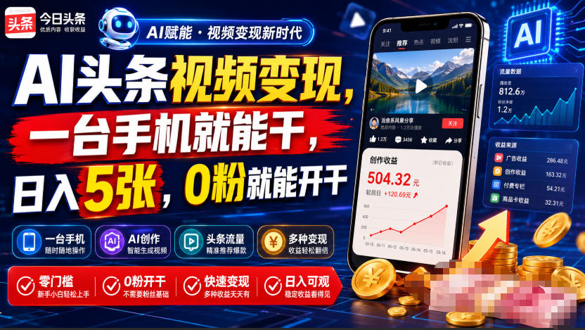 AI头条视频变现，一台手机就能干，日入5张，0粉就能开干-大表哥网创