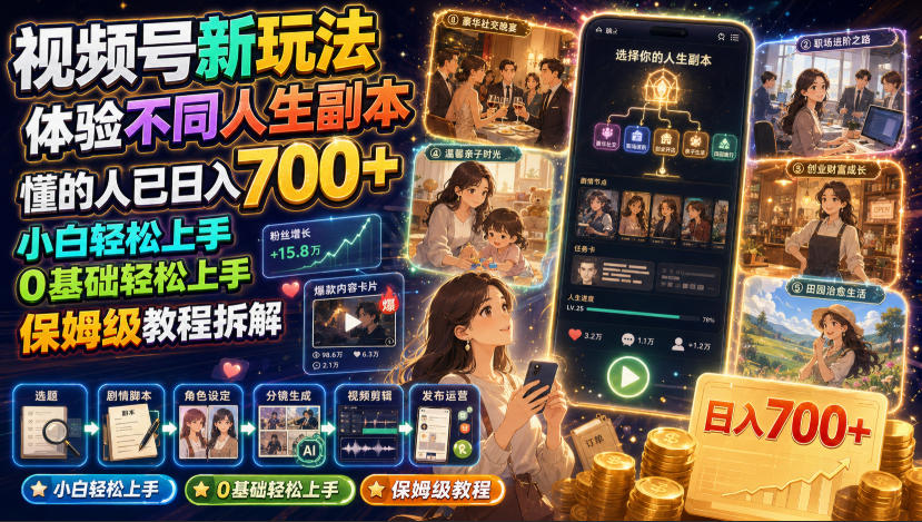 视频号新玩法体验不同人生副本，懂的人已日入700+，小白轻松上手，0基础轻松上手，保姆级教程拆解-大表哥网创