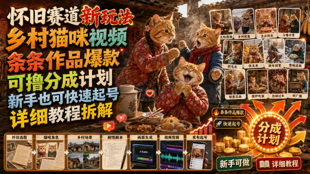怀旧赛道新玩法，乡村猫咪视频，条条作品爆款，可撸分成计划，新手也可快速起号，详细教程拆解-大表哥网创