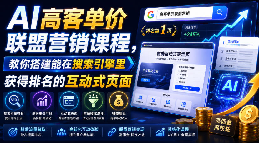 AI高客单价联盟营销课程，教你搭建能在搜索引擎里获得排名的互动式页面，引来流量，把访客转化为高佣金的成交【原创双语字幕】-大表哥网创