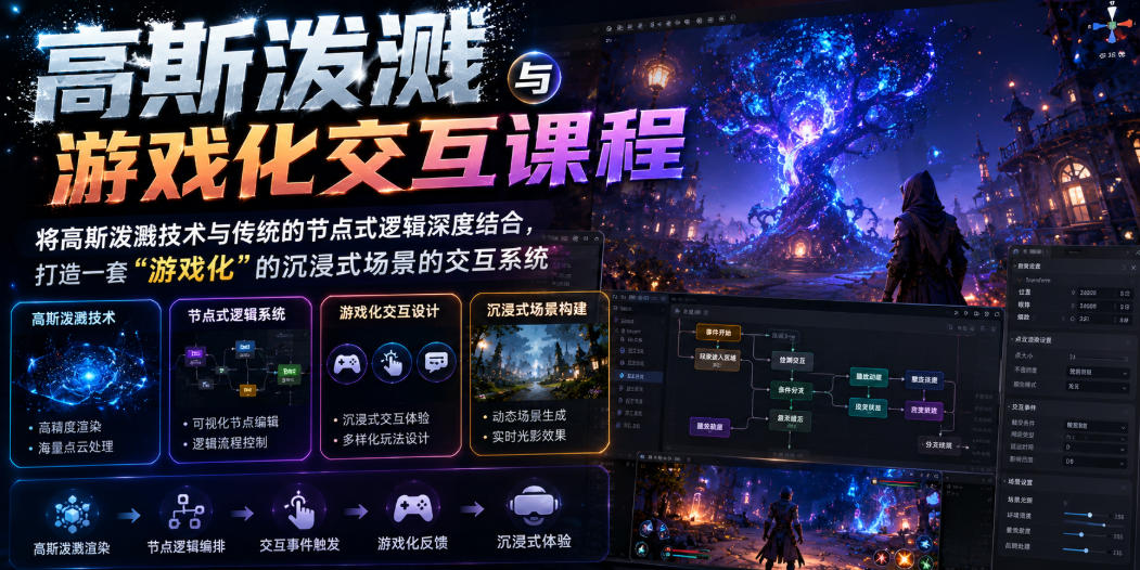 高斯泼溅与游戏化交互课程，将高斯泼溅技术与传统的节点式逻辑深度结合，打造一套“游戏化”的沉浸式场景的交互系统-大表哥网创