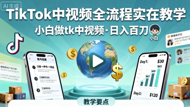 TikTok中视频全流程实操教学，小白做tk中视频，日入百刀-大表哥网创