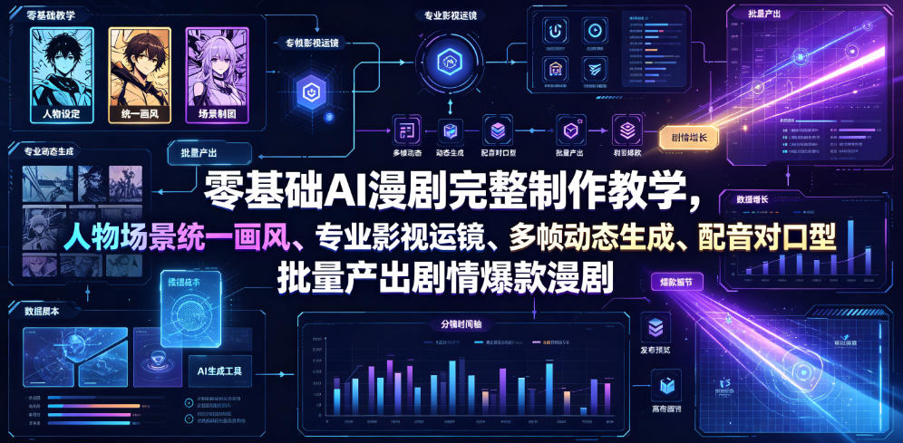 零基础AI漫剧完整制作教学，人物场景统一画风、专业影视运镜、多帧动态生成、配音对口型，批量产出剧情爆款漫剧-大表哥网创