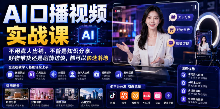 AI口播视频实战课，不用真人出镜，不管是知识分享、好物带货还是剧情访谈，都可以快速落地-大表哥网创