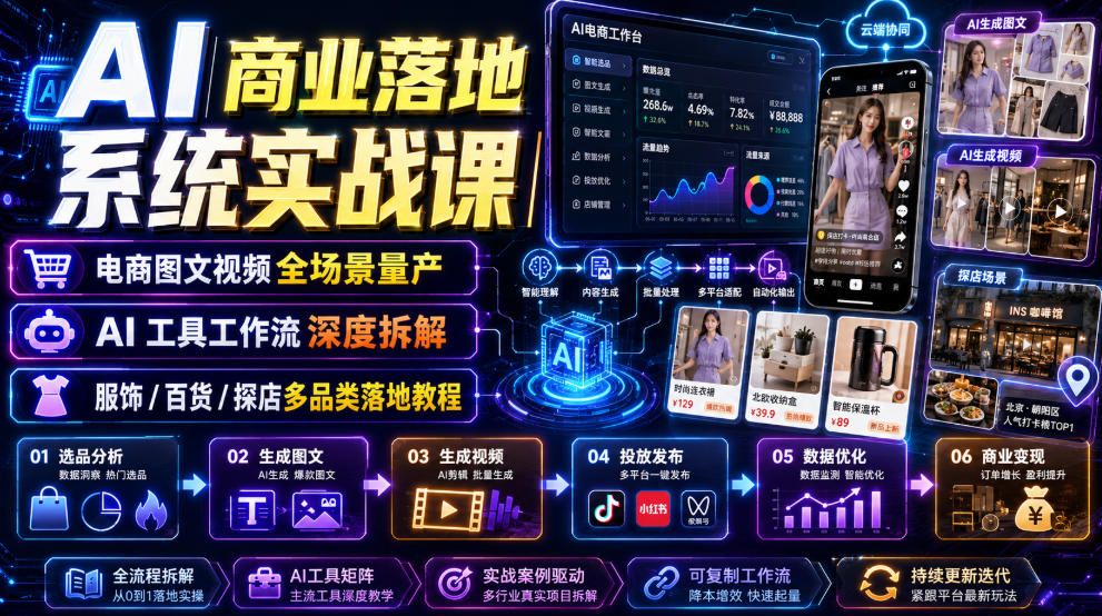 AI商业落地系统实战课｜电商图文视频全场景量产・AI工具工作流深度拆解・服饰/百货/探店多品类落地教程-大表哥网创
