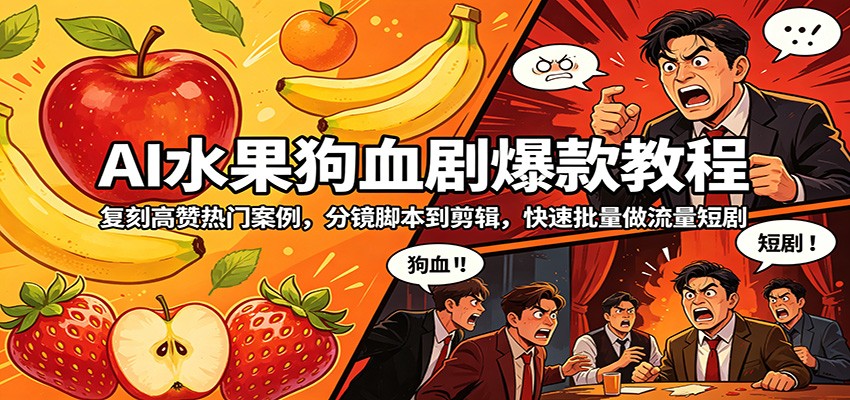 AI水果狗血剧爆款教程：复刻高赞热门案例，分镜脚本到剪辑，快速批量做流量短剧-大表哥网创