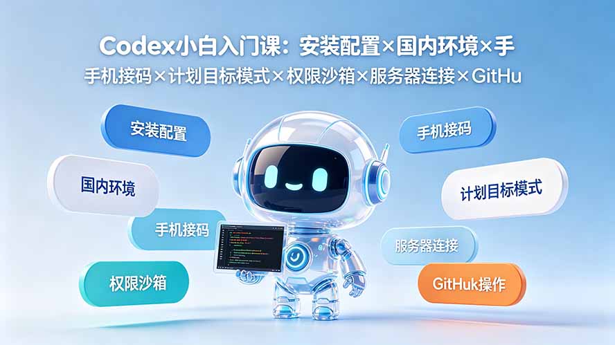 Codex小白入门课：安装配置×国内环境×手机接码×计划目标模式×权限沙箱×服务器连接×GitHub操作-大表哥网创