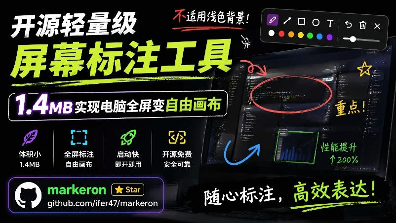 开源轻量级屏幕标注工具，1.4MB实现电脑全屏变自由画布！支持8种标注工具和全键盘操控MarkerOn-大表哥网创