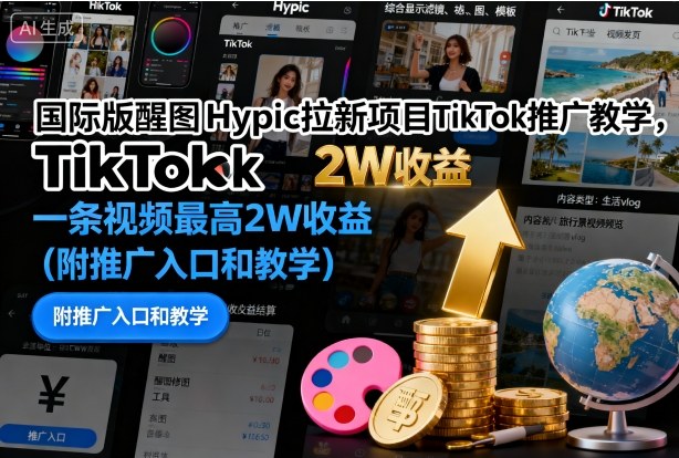 国际版醒图Hypic拉新项目TikTok推广教学，一条视频最高2W收益(附推广入口和教学)-大表哥网创
