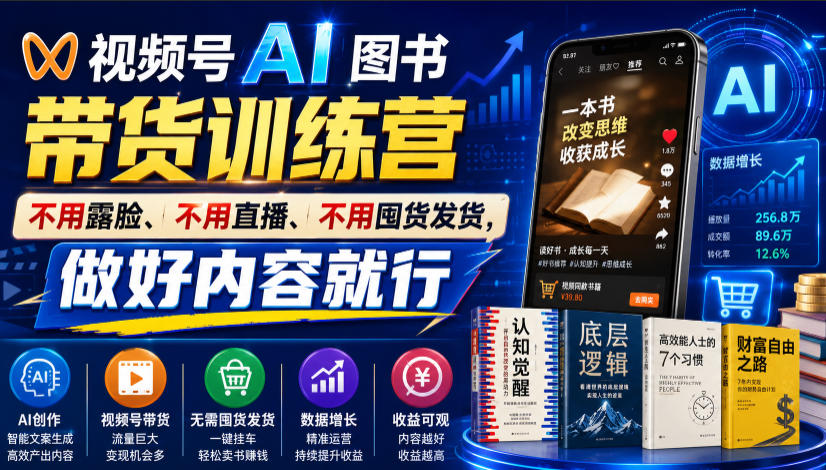 视频号AI图书带货训练营，不用露脸、不用直播、不用囤货发货，做好内容就行，一条爆款视频佣金8942-大表哥网创