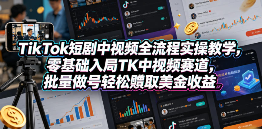 TikTok短剧中视频全流程实操教学，零基础入局TK中视频赛道，批量做号轻松賺取美金收益-大表哥网创