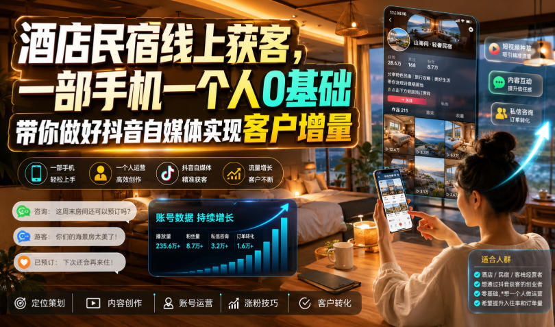酒店民宿线上获客,一部手机一个人0基础带你做好抖音自媒体实现客户增量-大表哥网创