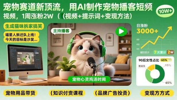 宠物赛道新顶流，用AI制作宠物播客短视频，1周涨粉2W(视频+提示词+变现方法)-大表哥网创