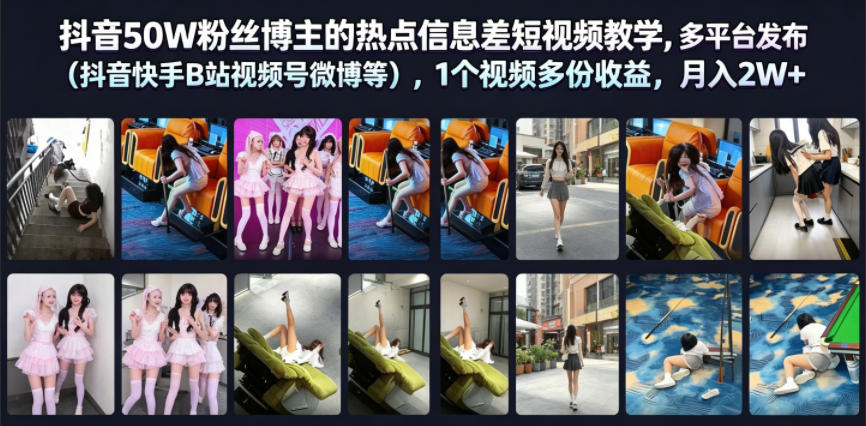 抖音50W粉丝博主的热点信息差教学，多平台发布(抖音快手B站视频号微博等)，1个视频多份收益，月入2W+-大表哥网创