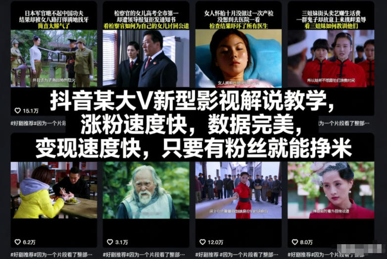 抖音某大V新型影视解说教学，涨粉速度快，数据完美，变现速度快，只要有粉丝就能挣米-大表哥网创