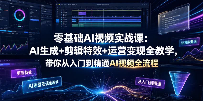 零基础AI视频实战课：AI生成+剪辑特效+运营变现全教学，带你从入门到精通AI视频全流程-大表哥网创