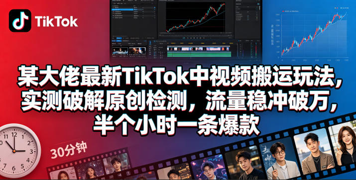某大佬最新TikTok中视频搬运玩法，实测破解原创检测，流量稳冲破万，半个小时一条爆款-大表哥网创