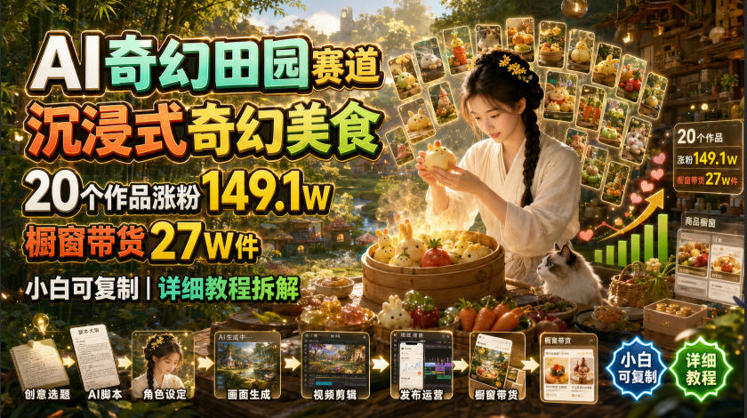 AI奇幻田园赛道，沉浸式奇幻美食，20个作品涨粉149.1W，橱窗带货27W件，小白可复制，详细教程拆解-大表哥网创