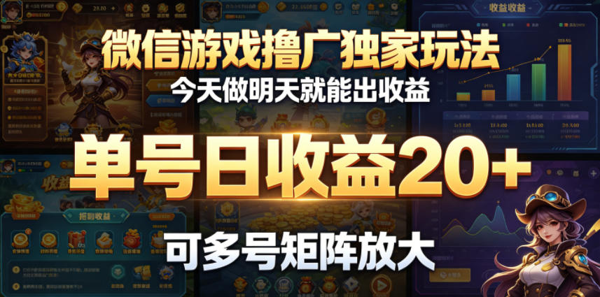 微信游戏撸广独家玩法，今天做明天就能出收益，单号日收益20+，可多号矩阵放大-大表哥网创