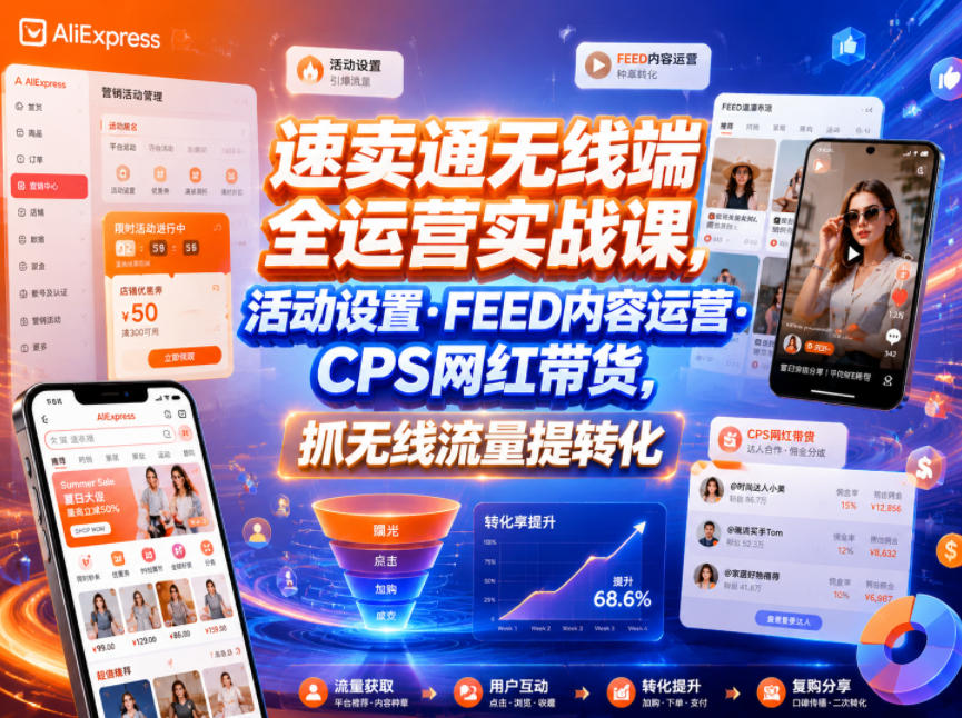 速卖通无线端全运营实战课，活动设置・FEED内容运营・CPS网红带货，抓无线流量提转化-大表哥网创